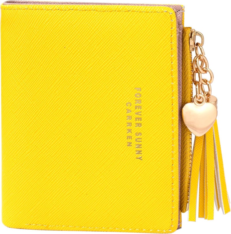 KOTORA Womens Small Wallet Girls Tiny Slim Wallets Pretty Mini Card Holder Thin Short Zip Coin Purse with Love Pendant and Tassels (Yellow) - Image 1